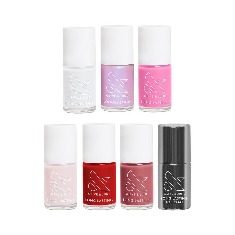 Bestsellers Long Lasting Set of six diverse polish shades and glossy top coat for gel-like at home mani by Olive and June