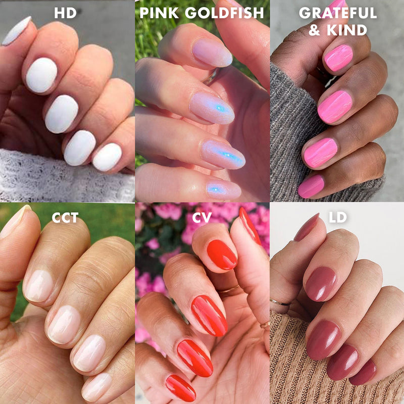 Six diverse polished nails in various shades from the Bestsellers Long Lasting Set for at home gel-like mani
