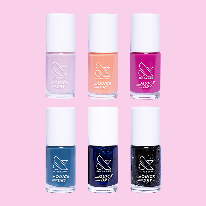 BOLDS & EFFECTS quick dry nail polish set with six sheer, metallic, and bold shades for at-home manicures and pedicures