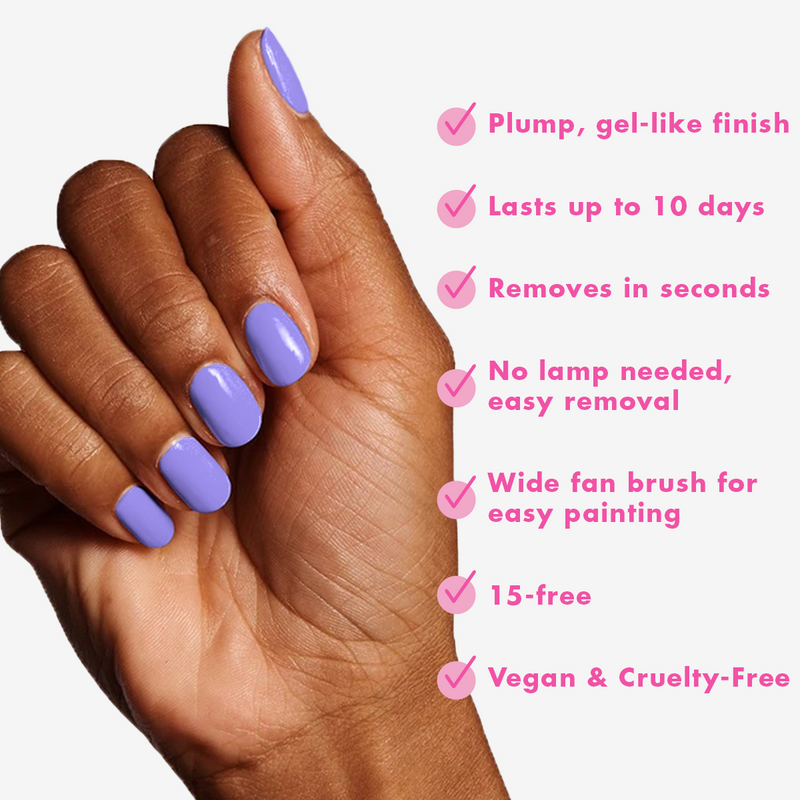 Bolds Long Lasting Set showing smooth lilac polish on nails with a gel-like, long-lasting finish for at home mani