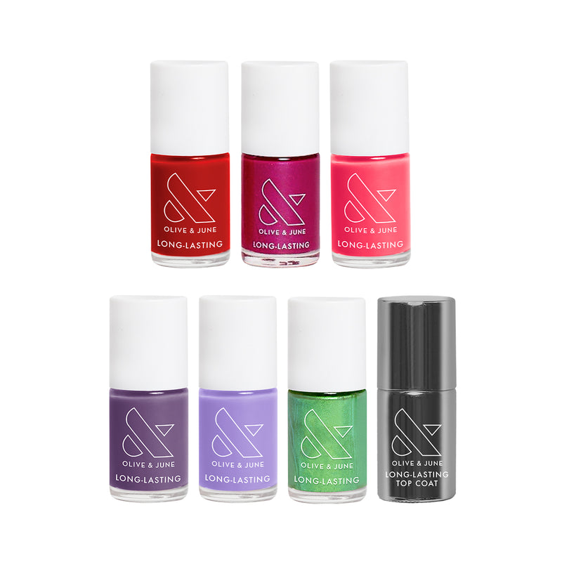 Bolds Long Lasting Set featuring six vibrant polish shades and a top coat for bold and durable at home manicures
