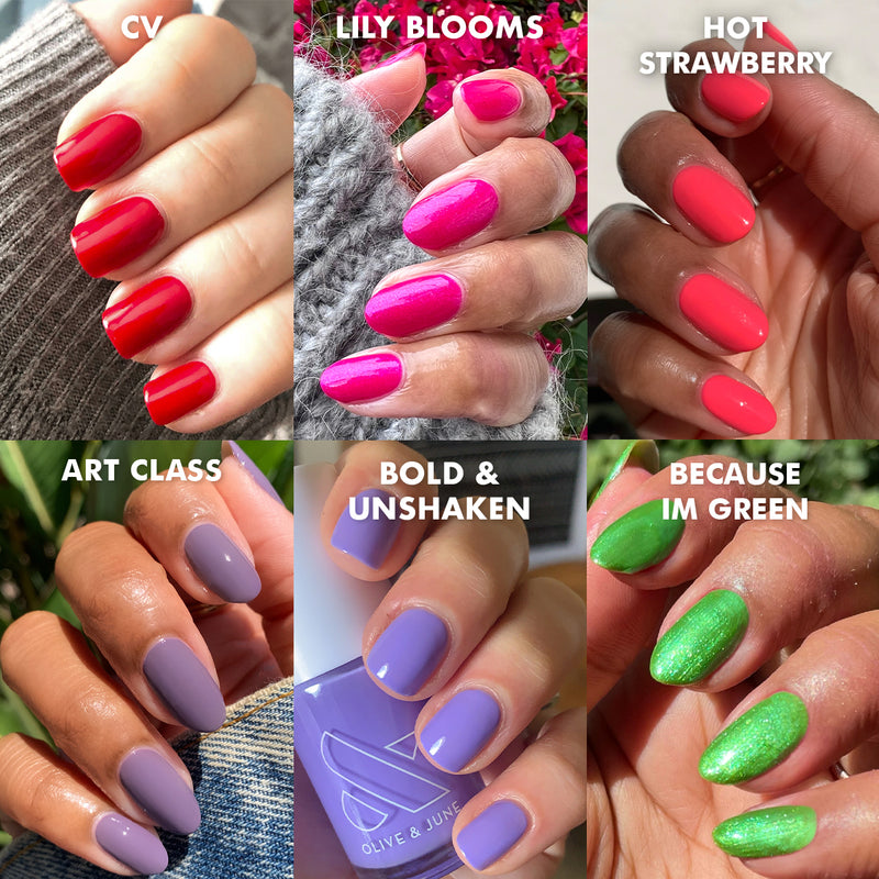 Bolds Long Lasting Set showing six vibrant red, pink, purple, and green nail polish shades on manicured nails