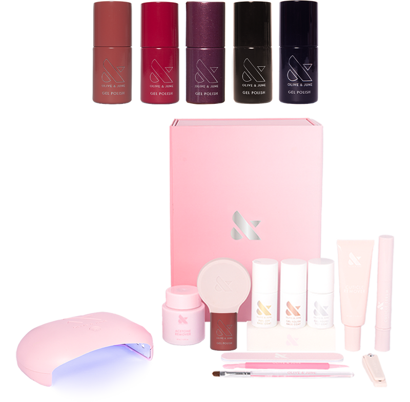 Bonus Fall Gel System including five seasonal gel polish shades and tools for easy, long-lasting at-home mani by Olive and June