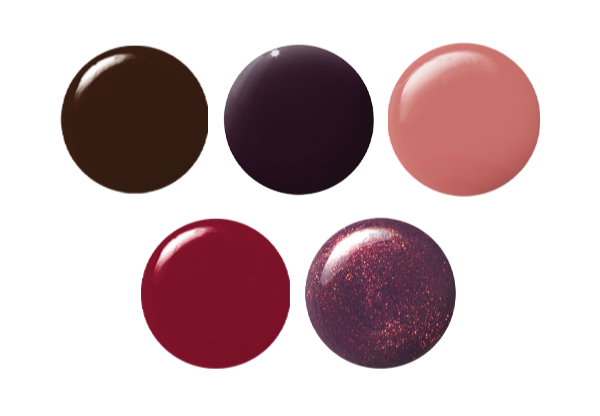 Bonus Fall Gel System showing five fall-inspired gel polish shades in rich, deep colors for long-lasting manicures