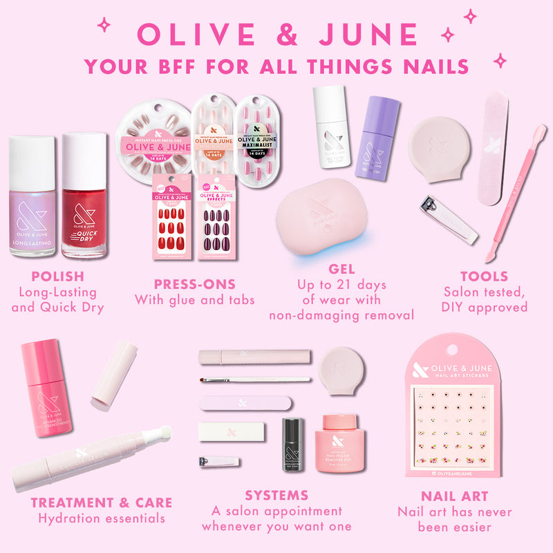 Bolds Long Lasting Set showcasing mani essentials including polish, press-ons, gel, tools, care, systems, and nail art kit