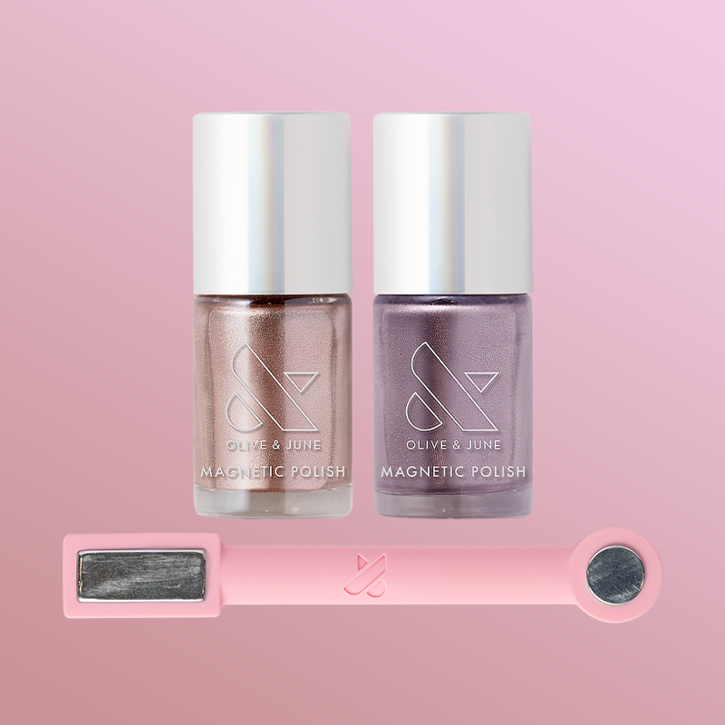 Pretty Neutral Velvet Duo with two magnetic velvet polishes in neutral pink and frosty purple plus a pink magnet wand.