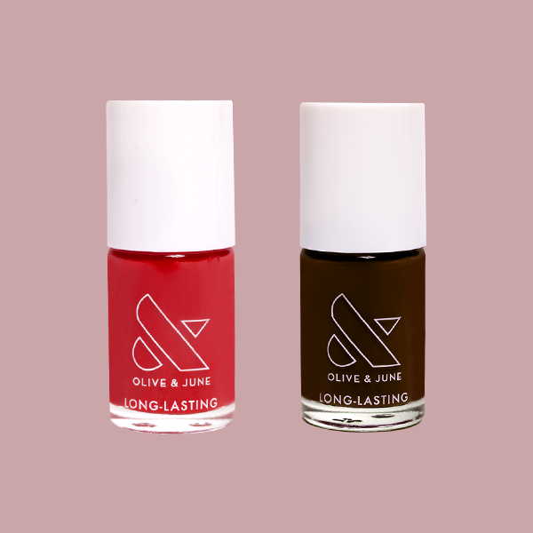Chocolate Cherry mani set with long-lasting red and dark chocolate nail polishes by Olive and June