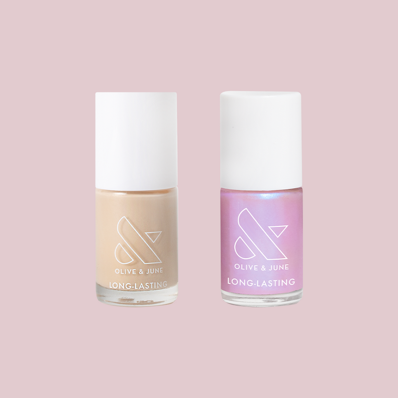 Country Chrome set with two long-lasting nail polishes in neutral and shimmer shades for effortless at-home manicure.