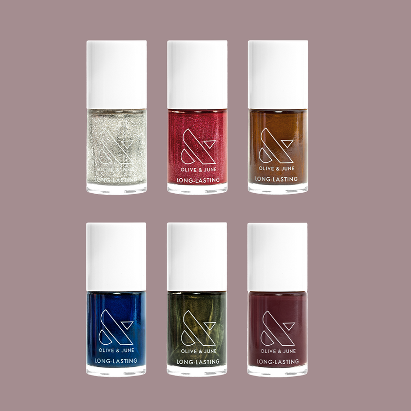 Holiday Polish Set featuring six long-lasting gel polishes in festive shimmery shades for easy at-home mani and pedis