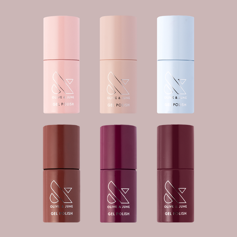 Fall Bestsellers Gel System showing six muted gel polish bottles in soft to deep fall-inspired shades for at-home manicures
