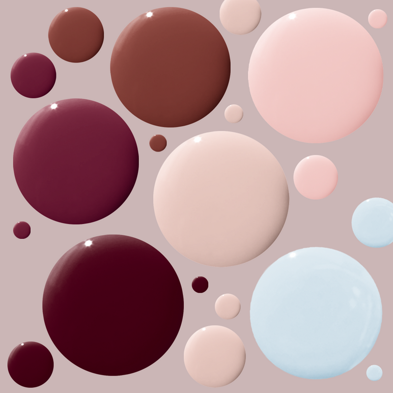 Fall Bestsellers Gel System showing glossy gel polish drops in warm, soft, and muted autumn-inspired shades for at-home manicures
