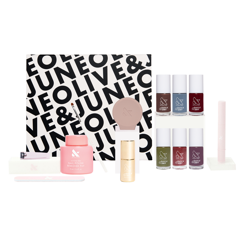 Fall/Winter Quick Dry System featuring six quick dry nail polishes and manicure tools for long-lasting at-home mani