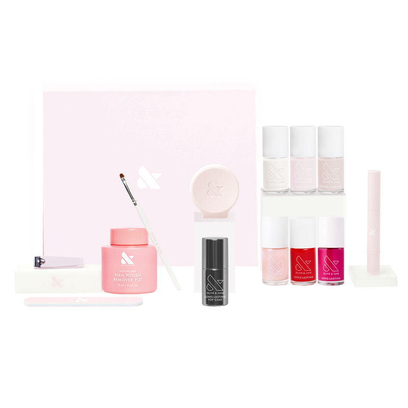 Forever Favorites Long-Lasting Mani System featuring nail polishes, remover pot, brush, and manicure tools in soft colors