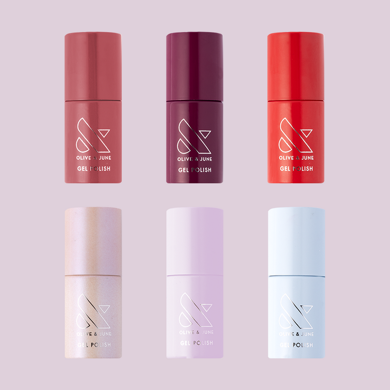 Six gel polish bottles in muted, bold, and pastel shades from the Bestsellers Gel System for easy at home mani use