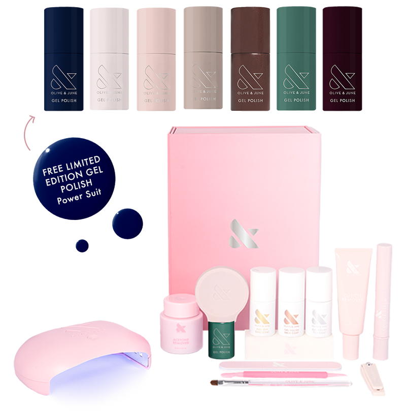 Fall Gel System featuring six rich gel polish shades and essential tools for long-lasting at-home gel manicures