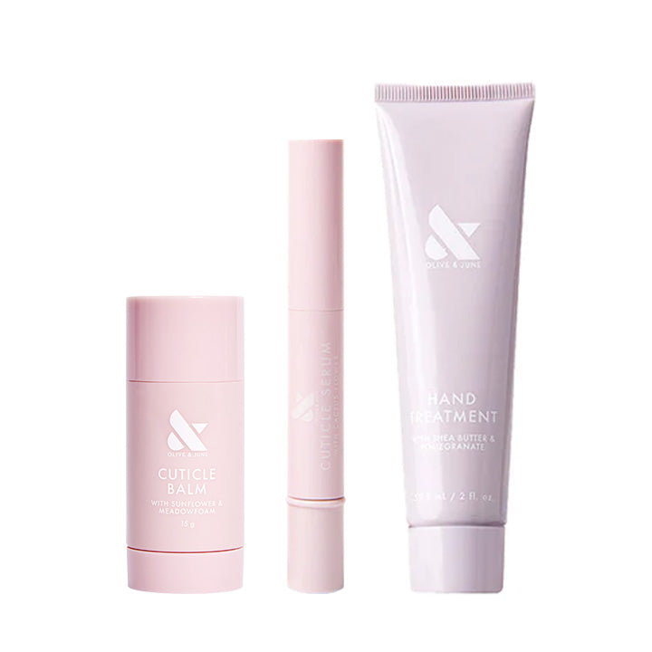 Hand Care Set with cuticle balm, serum, and hand treatment for intensive hydration and nail care at home