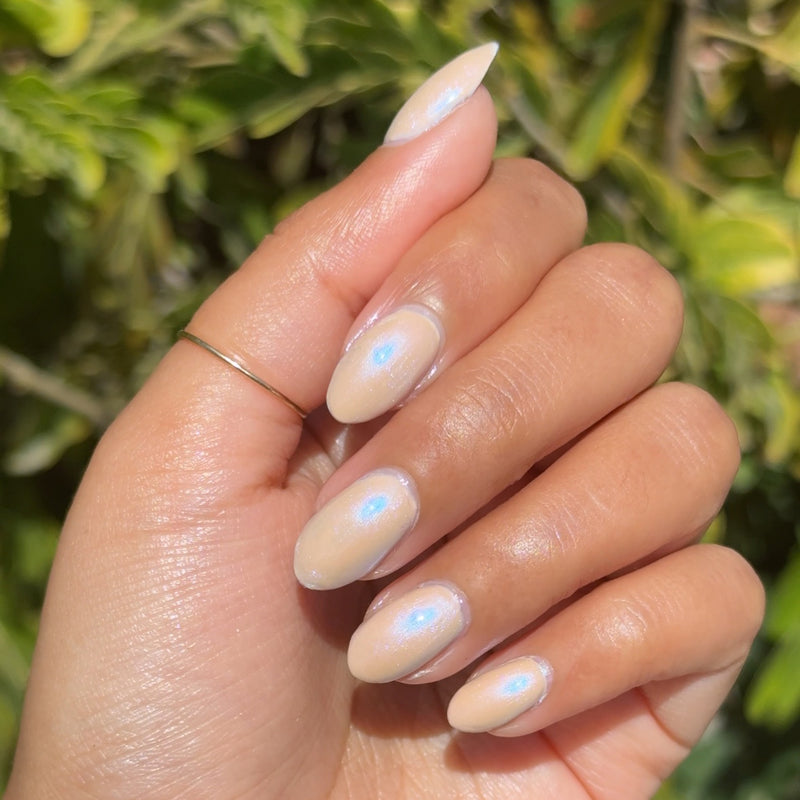 Country Chrome mani with glossy neutral polish on almond-shaped nails shown outdoors in natural light