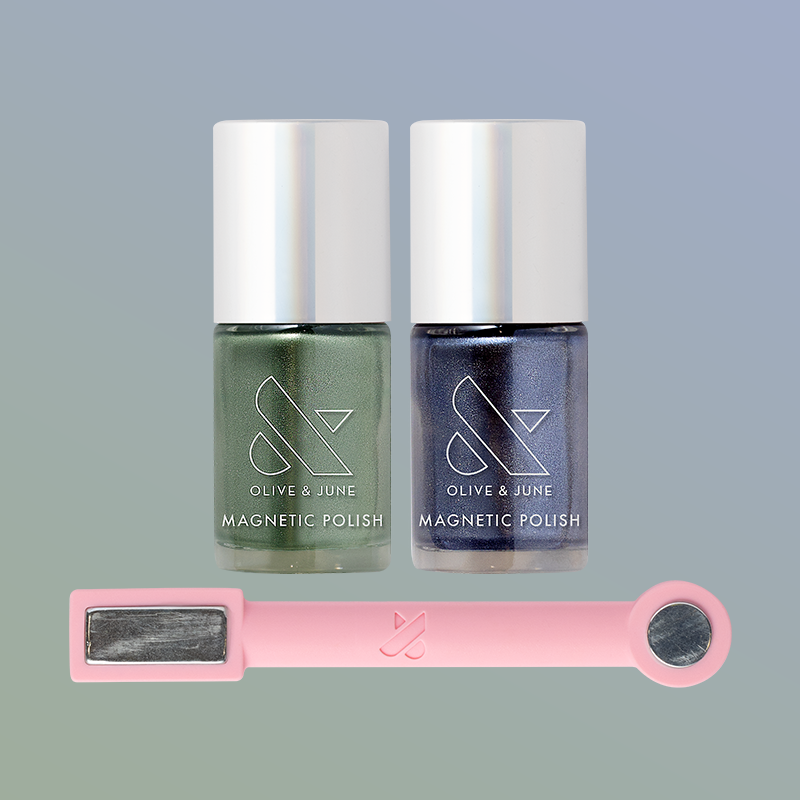 Cool Winter Velvet Duo bundle with green and blue magnetic nail polishes and pink magnet wand for mani effects