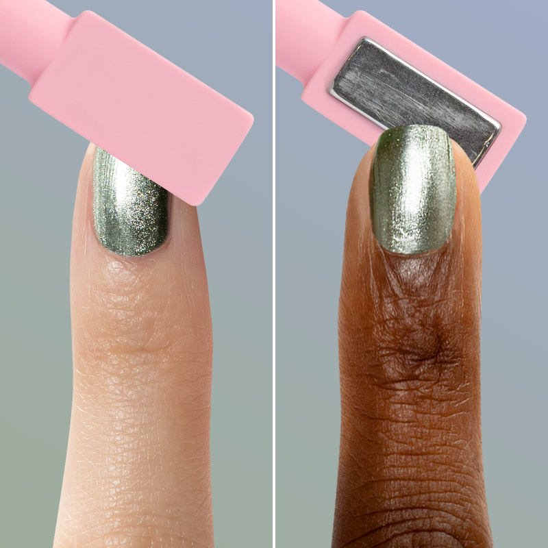 Two fingers showing green metallic polish with magnet wand creating textured effect from Cool Winter Velvet Duo