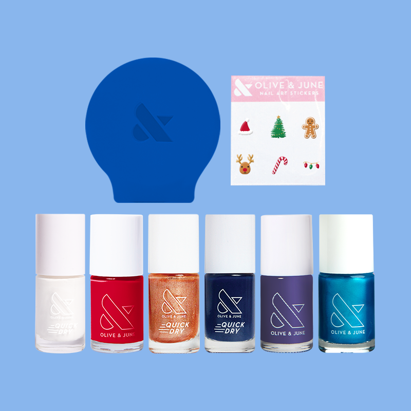 Mini Icy Holiday Set with six mini nail polishes, festive nail art stickers, and a limited edition blue nail polish kit