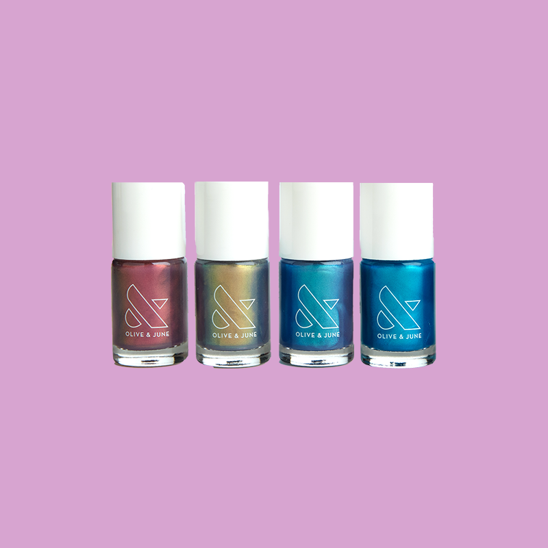 Mini Rainbow Goldfish Set with four iridescent nail polish shades for shimmering at-home manicures by Olive and June