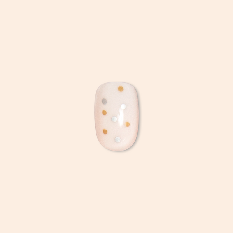 Metallic Confetti - Press-On | Extra Short | Round nail with light base and scattered metallic confetti dots for quick mani