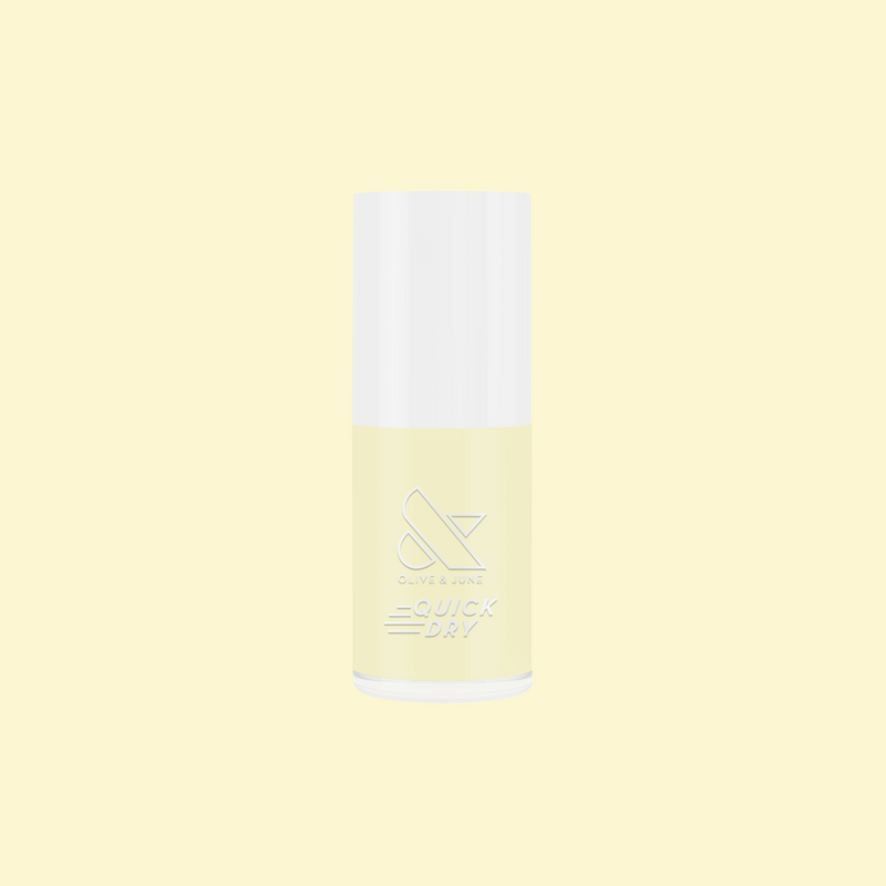 Bottle of Sunny quick dry polish in soft pastel yellow for bright, cheerful at home manicures and long-lasting polish finish
