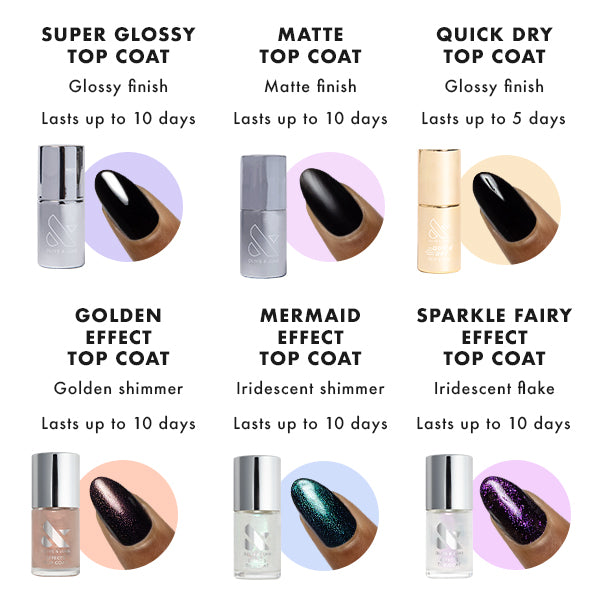 The Magical Effects Top Coat Set super glossy top coat - glossy finish lasts up to 10 days / Matte Top Coat - Matte Finish - Lasts up to 10 days | Quick dry top coat - glossy finish - lasts up to 5 days | Golden effect top coat - golden shimmer - lasts up to 10 days | Mermaid effect top coat - Iridescent shimmer - lasts up to 10 days | SParkle fairy top coat - Iridescent flake - lasts up to 10 days
