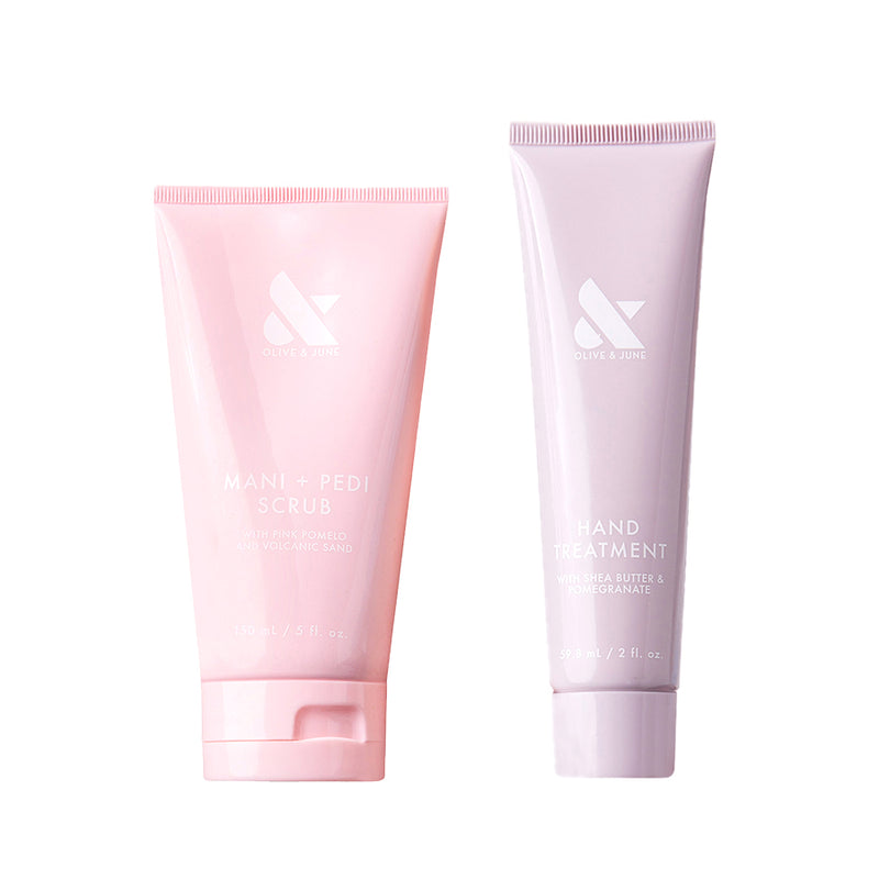 Refresh and Repair Duo with Mani + Pedi Scrub and Hand Treatment in soft pastel pink and lilac packaging