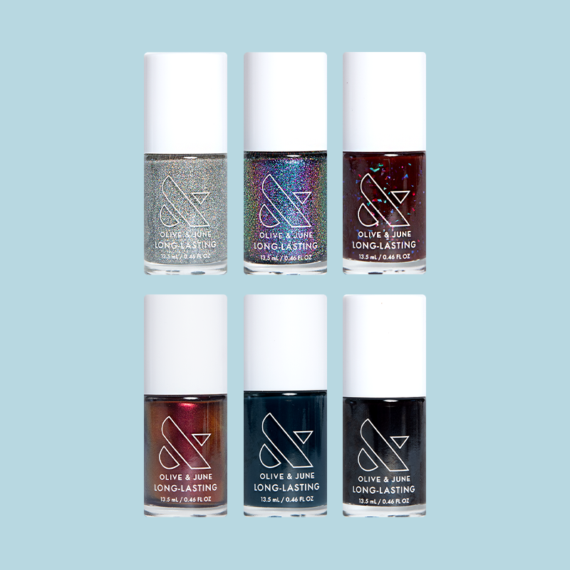Winter Long-Lasting Polish Set featuring six shimmering and rich colors for durable at home manicures and pedicures