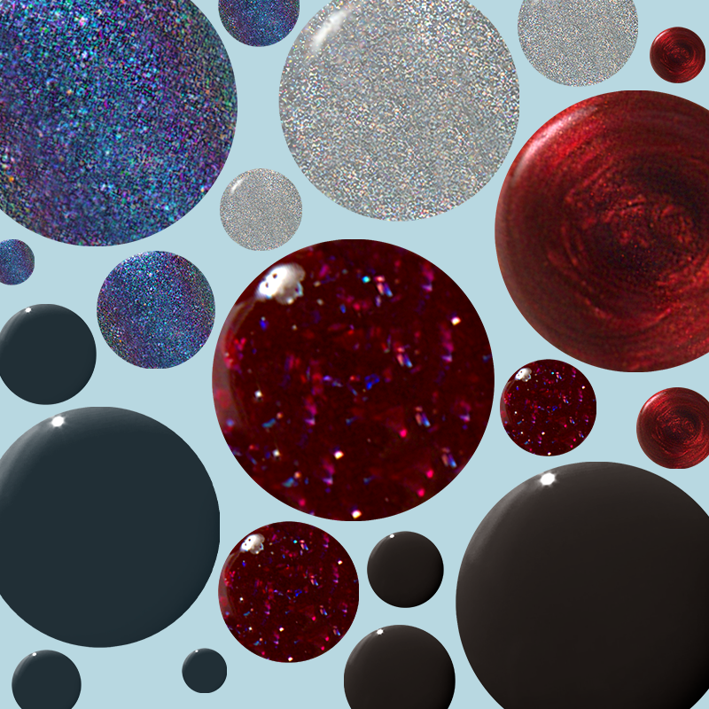Winter Long-Lasting Polish Set showing rich jewel tone polish drops with glitter and shimmer finishes for at-home mani use