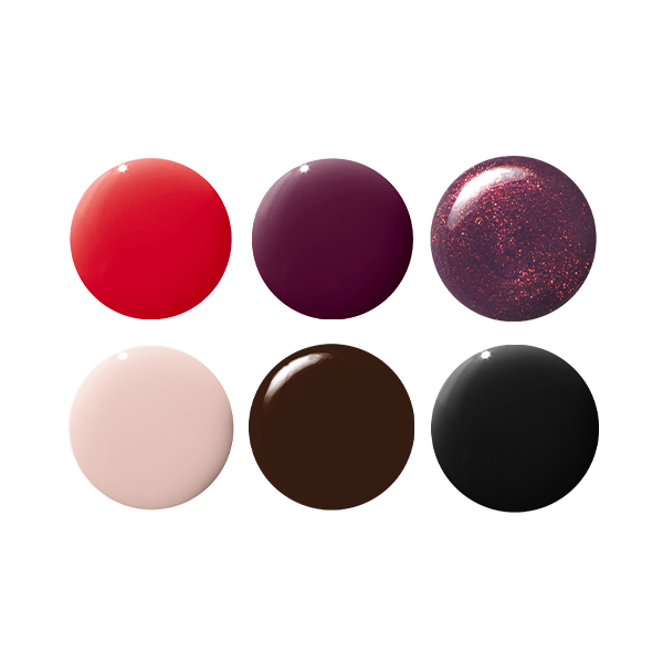 Winter Bestsellers Gel System six gel polish color swatches in rich and diverse shades for at-home manicures