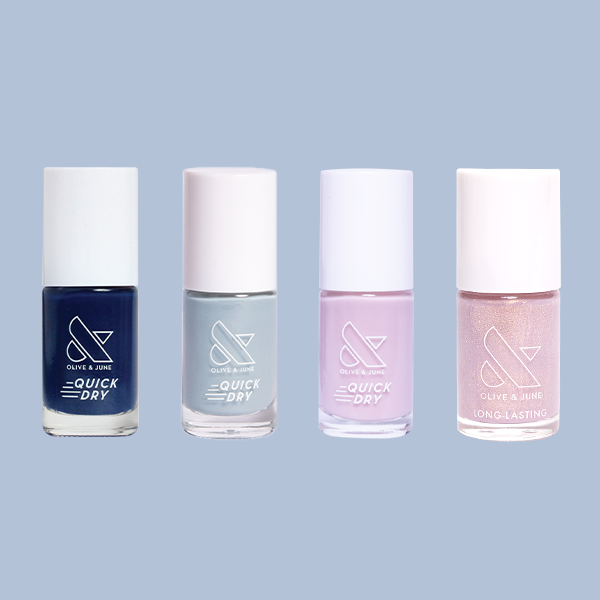 Sweet Dreams set featuring blue, gray, pink, and shimmery sheer pink long-lasting nail polishes for at home mani