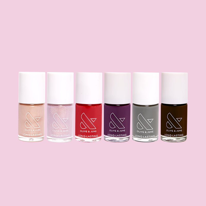 Sweet Treat Polish Set featuring six long-lasting nail polish bottles in various shades for at home manicures