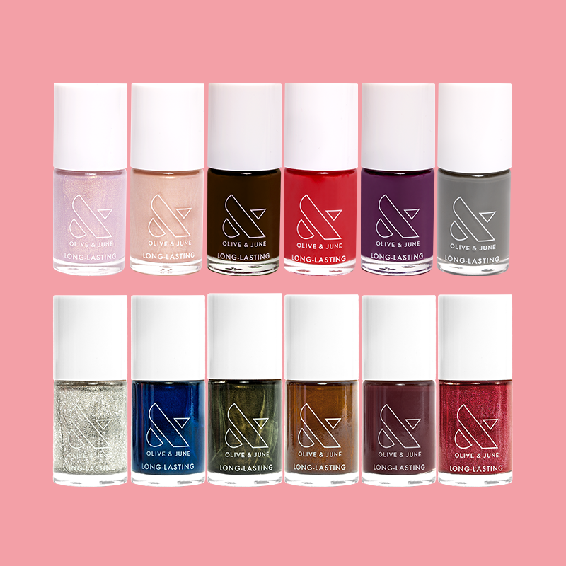 Sugar & Spice Polish Set featuring twelve long-lasting nail polishes in festive and versatile shades for at-home mani.