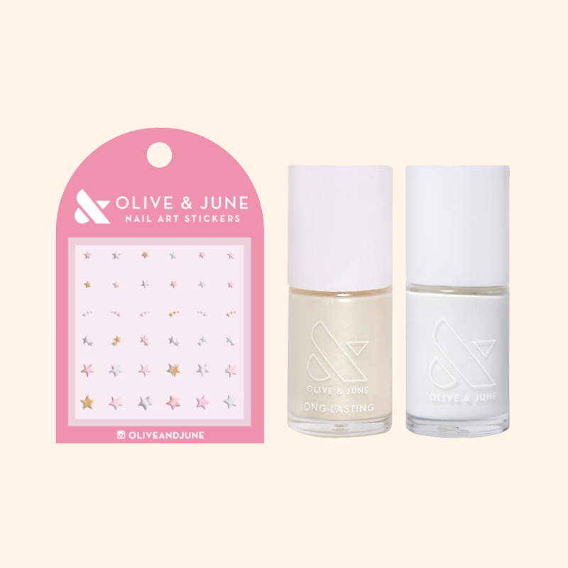 Be a Star Set featuring pearly white and shimmer polish bottles with metallic star nail art stickers on pink card