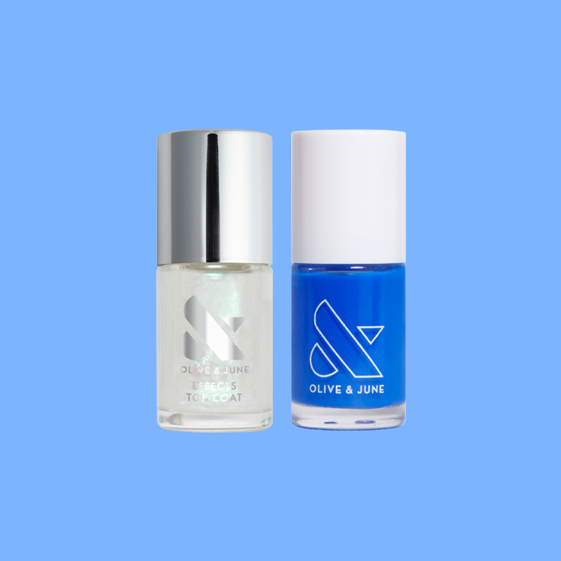 Blue For You Set featuring cobalt blue nail polish and iridescent chrome topcoat bottles on blue background