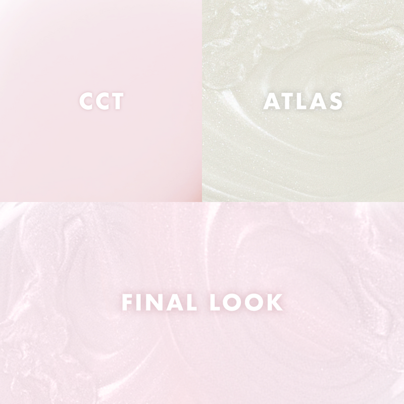 Pearl Mani System showing soft pink and pearlescent gel polish swatches with a blended final manicure color