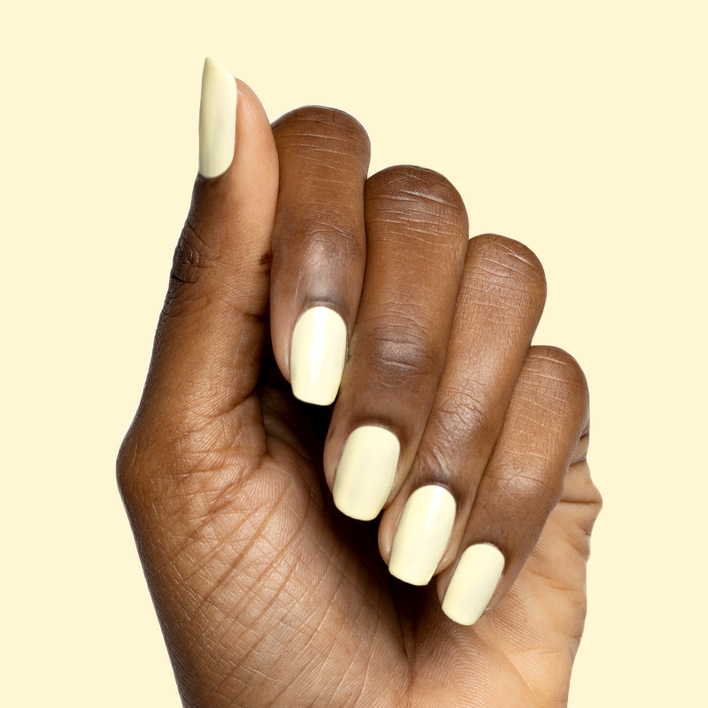 Hand with medium-length nails painted in Sunny bright yellow polish showing a smooth, cheerful manicure look