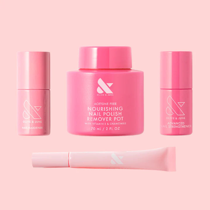 Nourishing Nails System with nail hardener, polish remover pot, strengthener, and treatment essentials for home manicure care