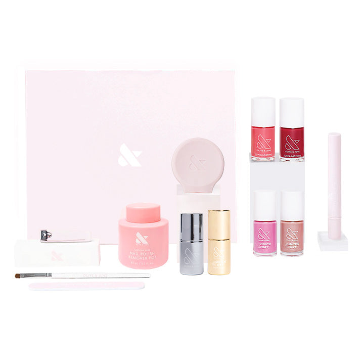 Valentine’s Day System featuring nail polishes, manicure tools, and quick dry and long-lasting polish shades in pink and red tones
