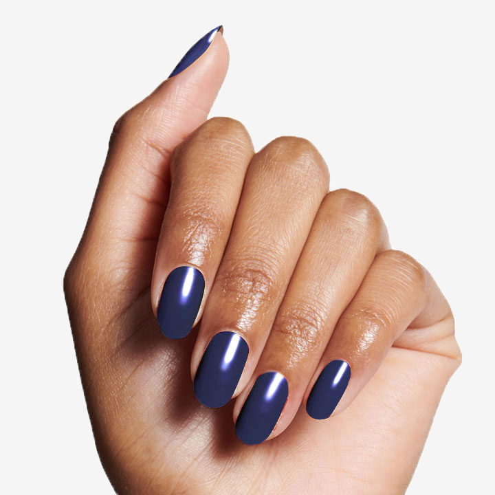 Hand with glossy navy nails showing Long Lasting Top Coat for durable at-home manicure shine and protection