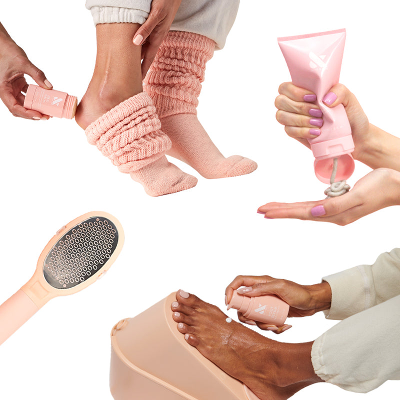 Foot Care Essentials Set with foot serum, heel balm, mani + pedi scrub, and foot file for soft, cared-for feet