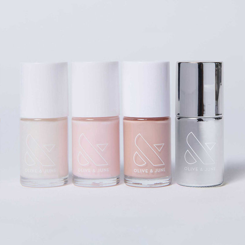 The Sheer Set featuring three sheer nail polish shades and a silver cap bottle for subtle, long-lasting at-home manicures