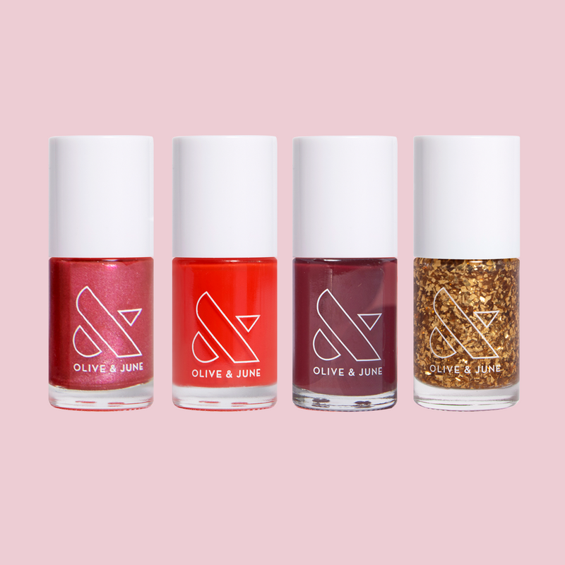 Cranberry Spritz nail polish bundle with red, orange, burgundy, and gold shimmer shades for festive at-home manicures