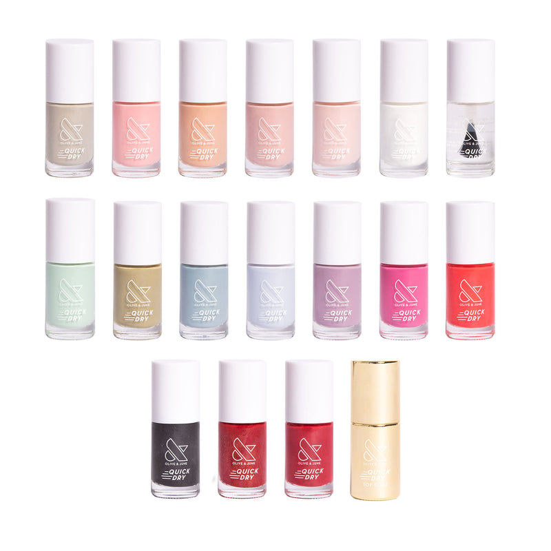 The Quick Dry Set with 18 quick-dry nail polishes in various shades for easy, long-lasting at-home manicures