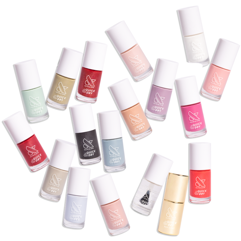 The Quick Dry Set with 18 quick-dry nail polishes in assorted colors for fast, long-lasting at-home manicures