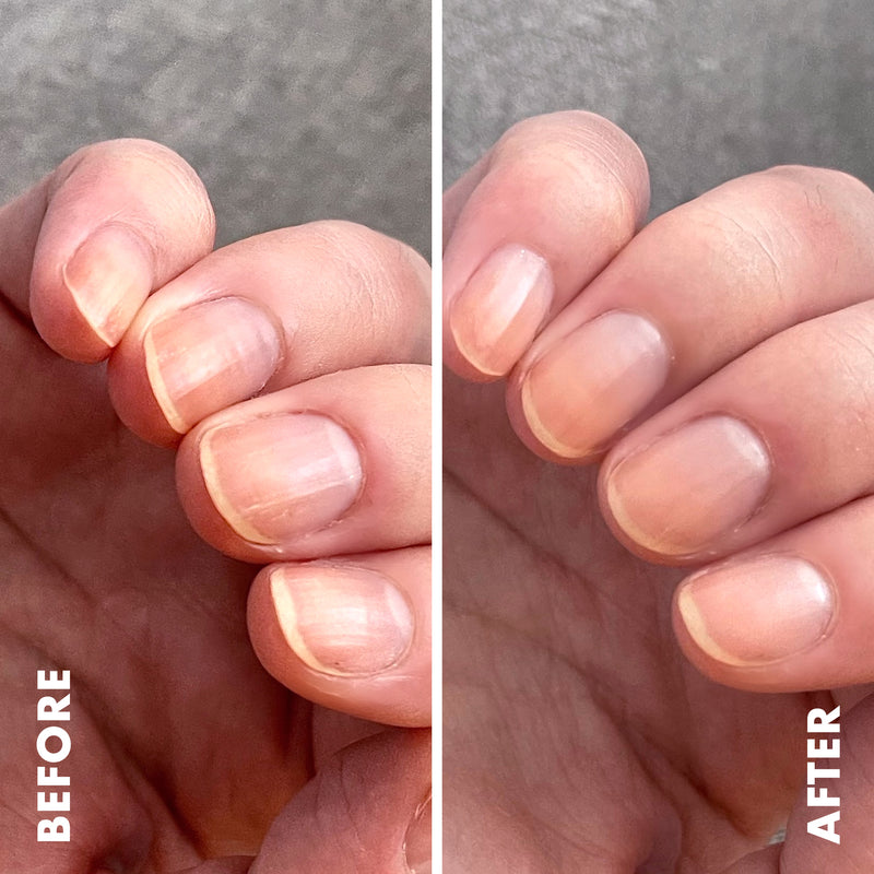 Before and after close-up of natural nails showing smoother surface after applying Ridge Filler for manicure prep