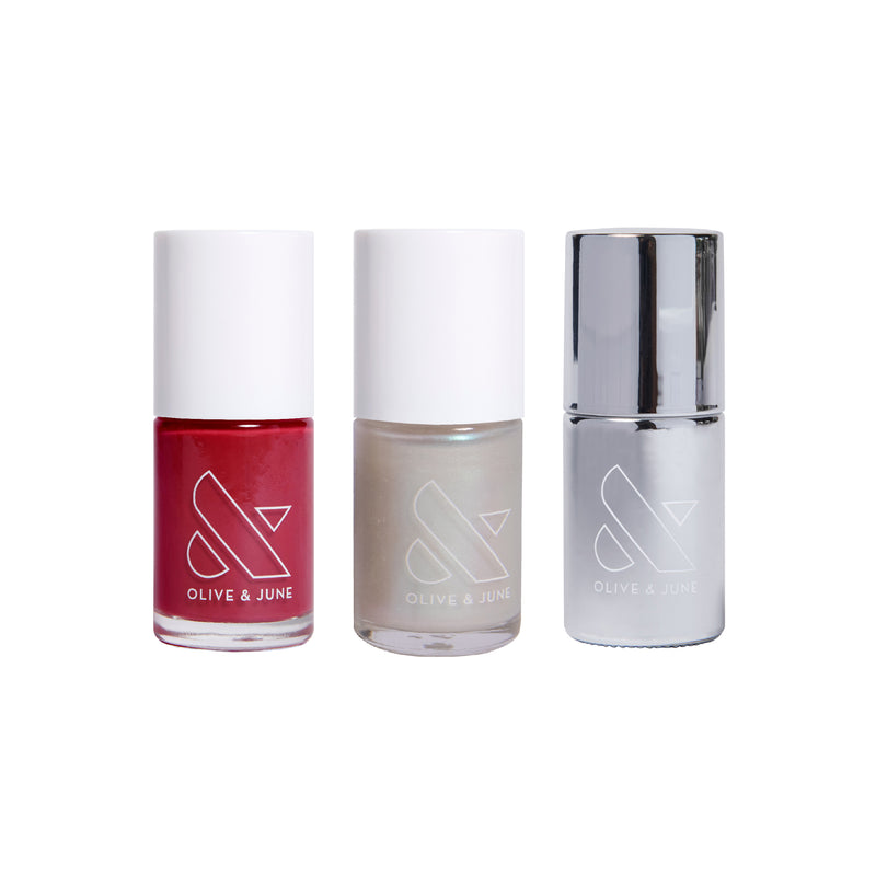 Frosted Berries Set with red, pearly white, and metallic silver long-lasting nail polish bottles for at-home mani use