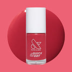Roar quick dry gel polish bottle with bold pinky red color swatch on matching pink background